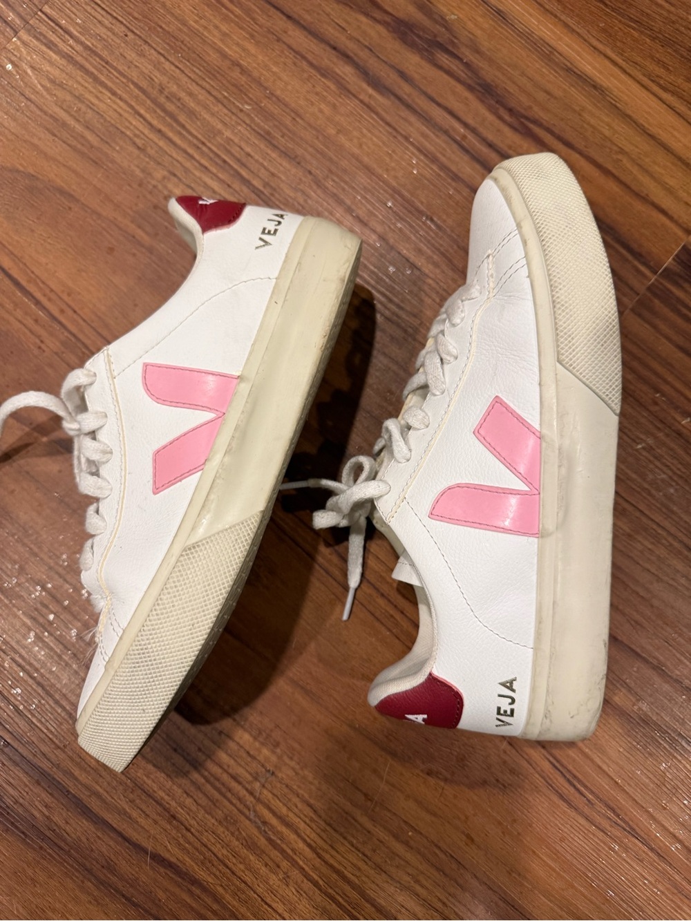Veja White Brazilian  Leather Sneakers with Pink V and Burgundy Heel Tab